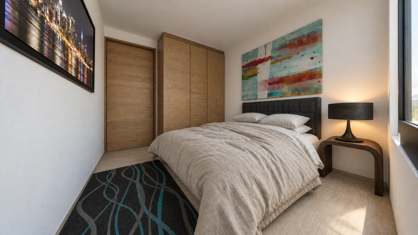 Alcoba con cama doble, clóset de madera, mesa de noche y ventana