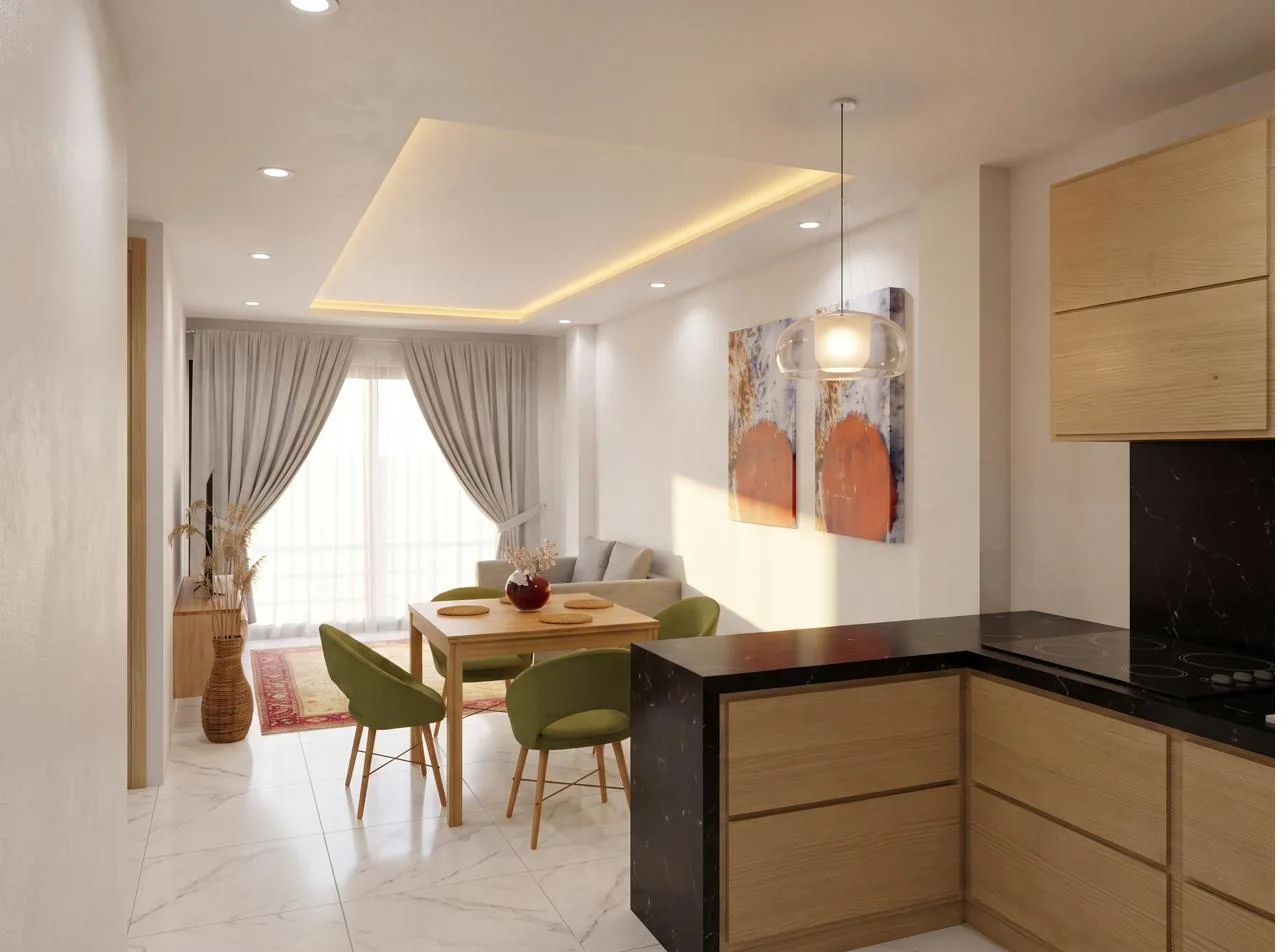 Cocina en L junto al comedor y ventanal