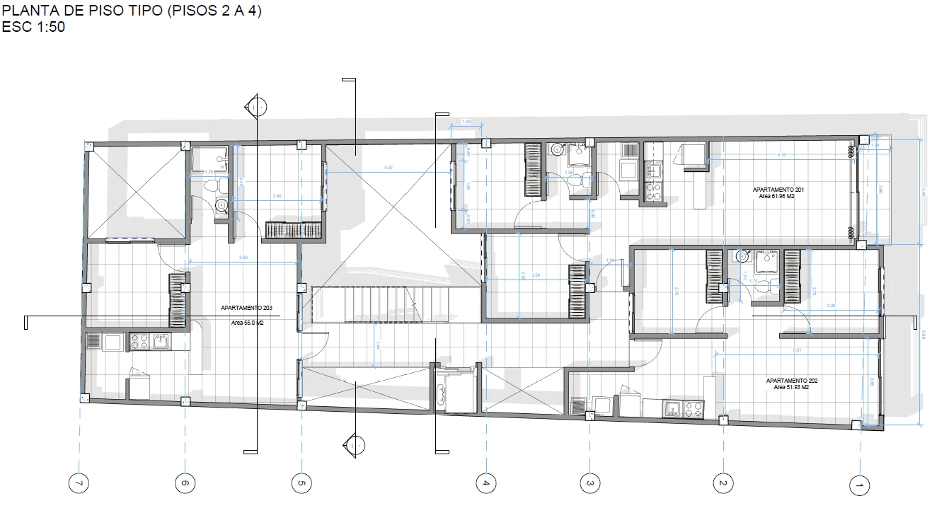 Plano del piso tipo con los apartamentos 01, 02 y 03
