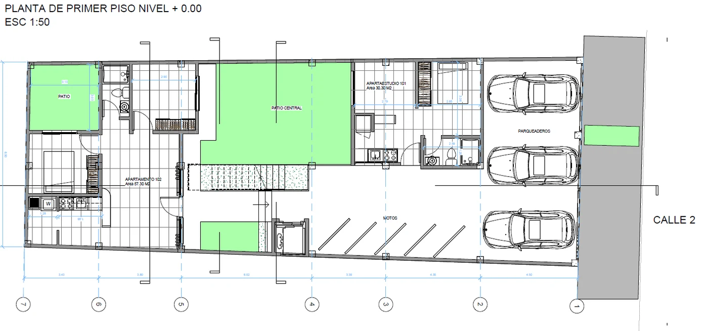Plano del primer piso con apartaestudio 101, apartamento 102, patio central, motos y parqueaderos