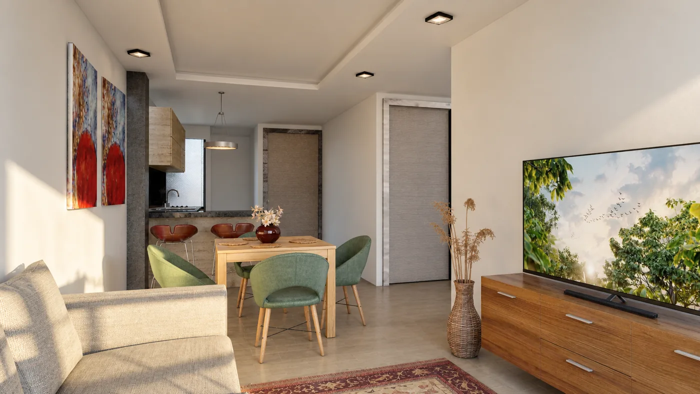 Sala con sofá y mueble de TV, comedor de cuatro puestos y barra de la cocina