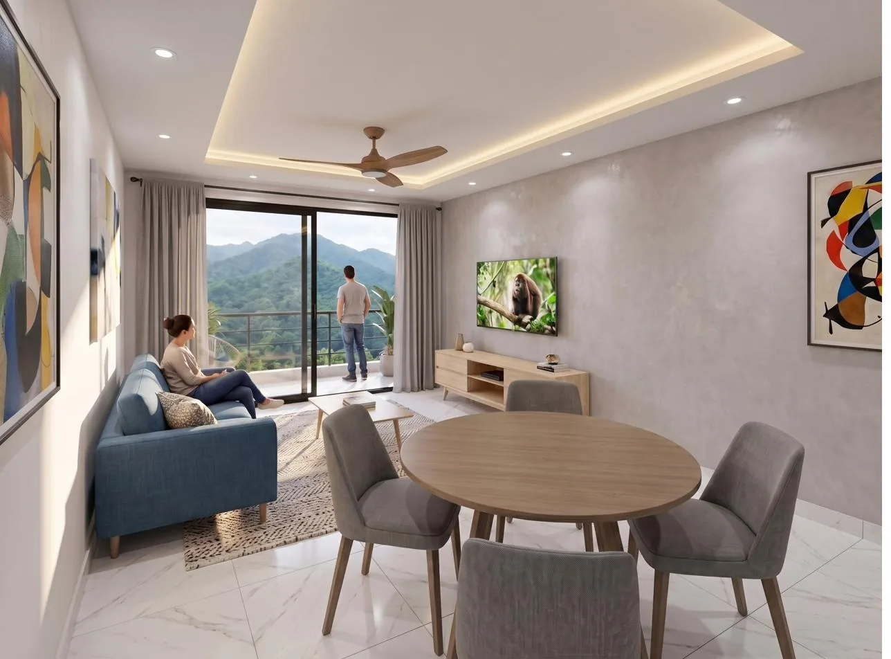 Sala comedor con puerta corrediza al balcón y vista a las montañas